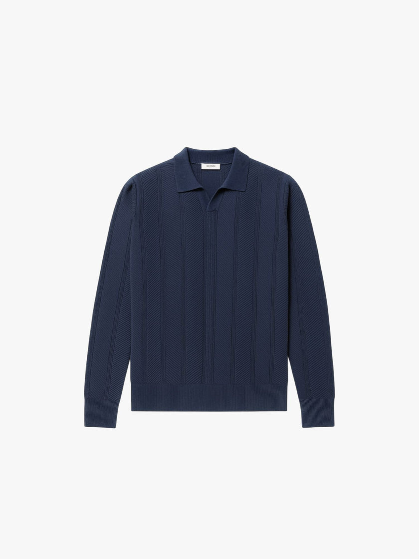 Knit Polo Sweater Men Lapel Collar Long Sleeve Textured
