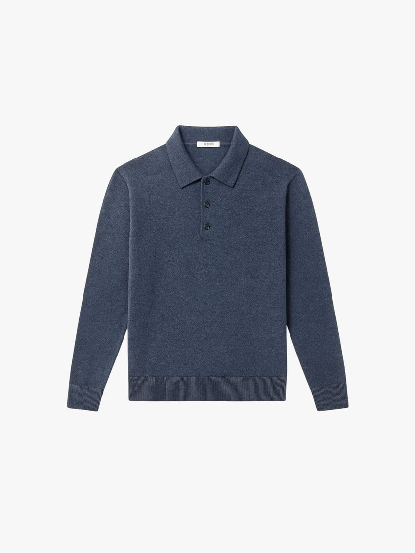 Wool Polo Sweater Men Button Placket Lapel Collar Rib Knit