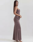 FJØRNA women's strapless velvet maxi dress with ruched detail, elegant and flowing design for formal occasions.