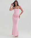 Velvet women's strapless corset maxi dress with ruched detail by FJØRNA, showcasing its elegant fit and flowing design.