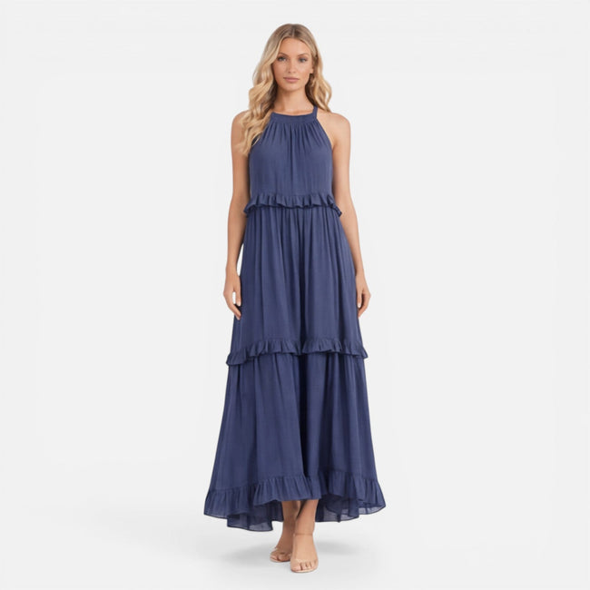 Lightweight, flowy women's tiered maxi dress with halter neck by FJØRNA, perfect for summer and warm weather.