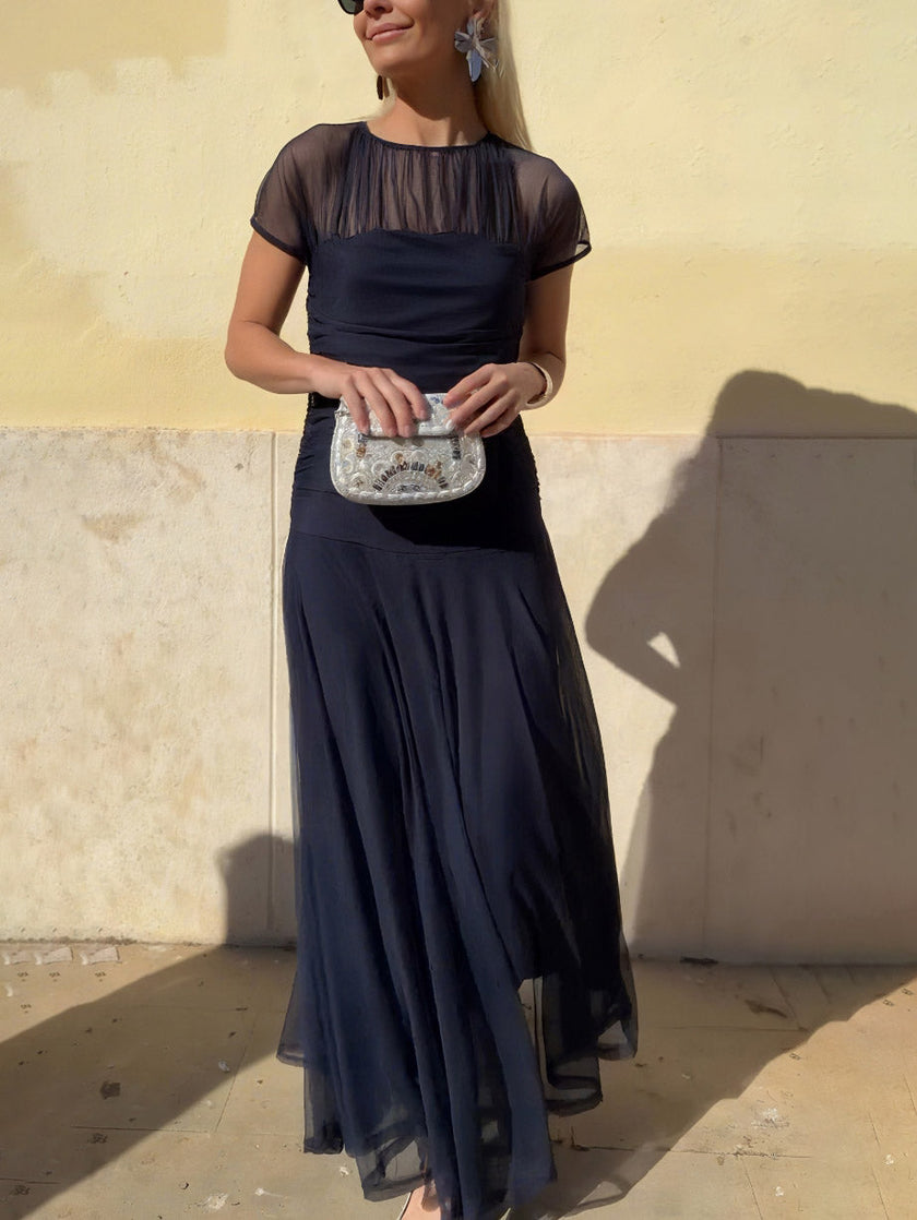 FJØRNA elegant mesh pleated wide-leg maxi dress for women, featuring a hip-hugging fit and stylish design.