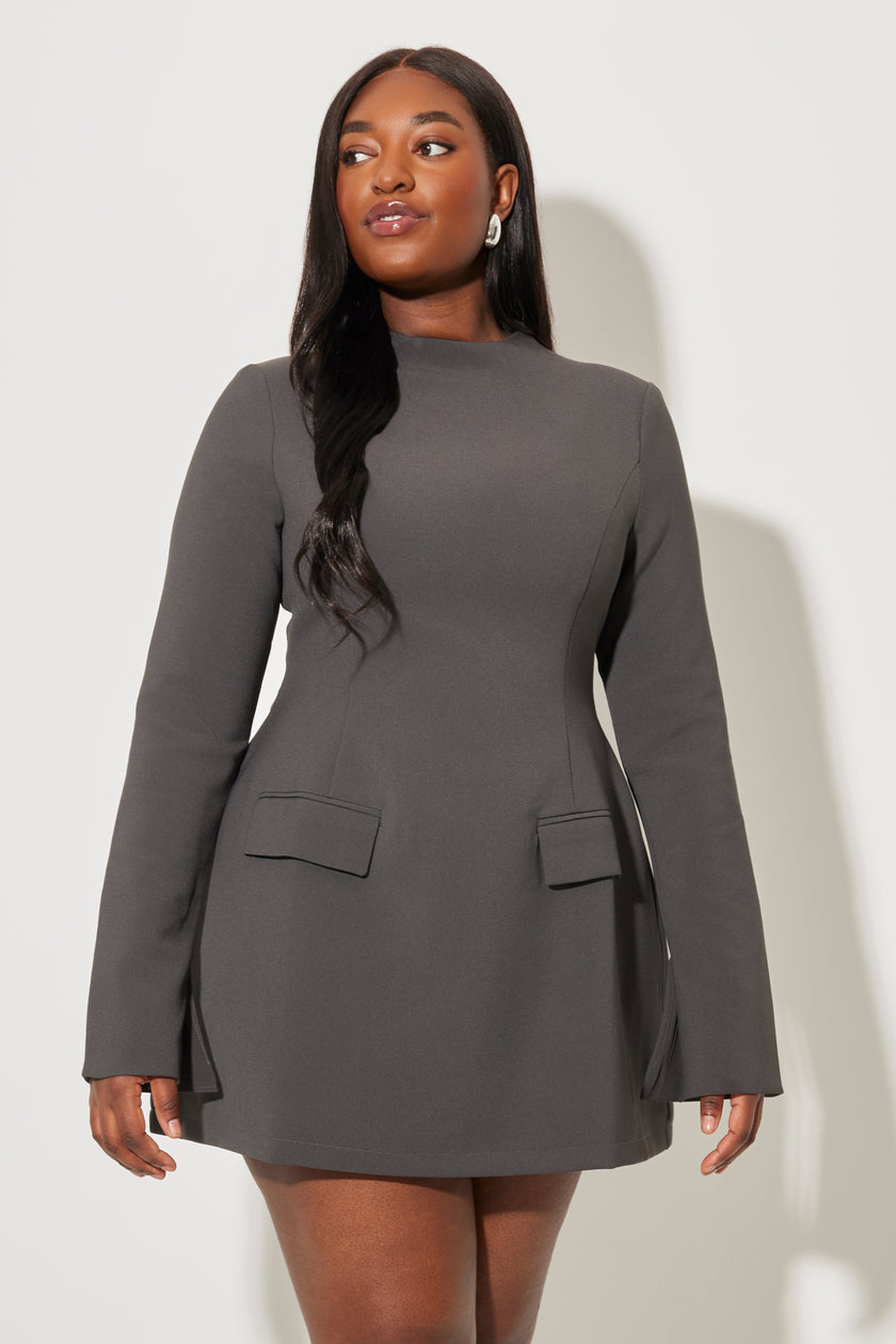 FJØRNA women's grey mini dress with split sleeves, perfect for party and day wear, featuring a stylish and modern design.