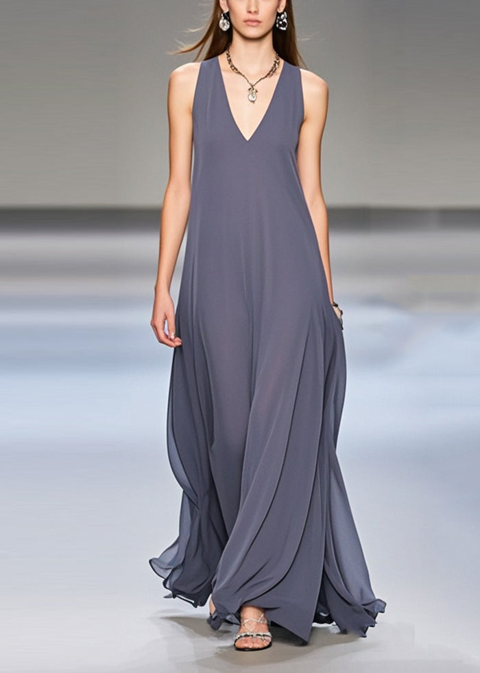 Elegant grey FJØRNA sleeveless chiffon long dress with extra-large hem and draping design, perfect for formal occasions.