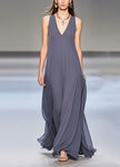 Elegant grey FJØRNA sleeveless chiffon long dress with extra-large hem draping, perfect for formal occasions.