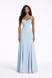 Light blue FJØRNA corset-back lace mini dress with elegant fit and intricate detailing, perfect for stylish occasions.