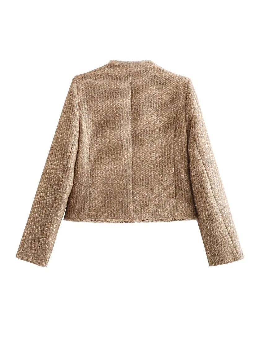 Cropped Knit Cardigan Women Gold Button Front Pockets
