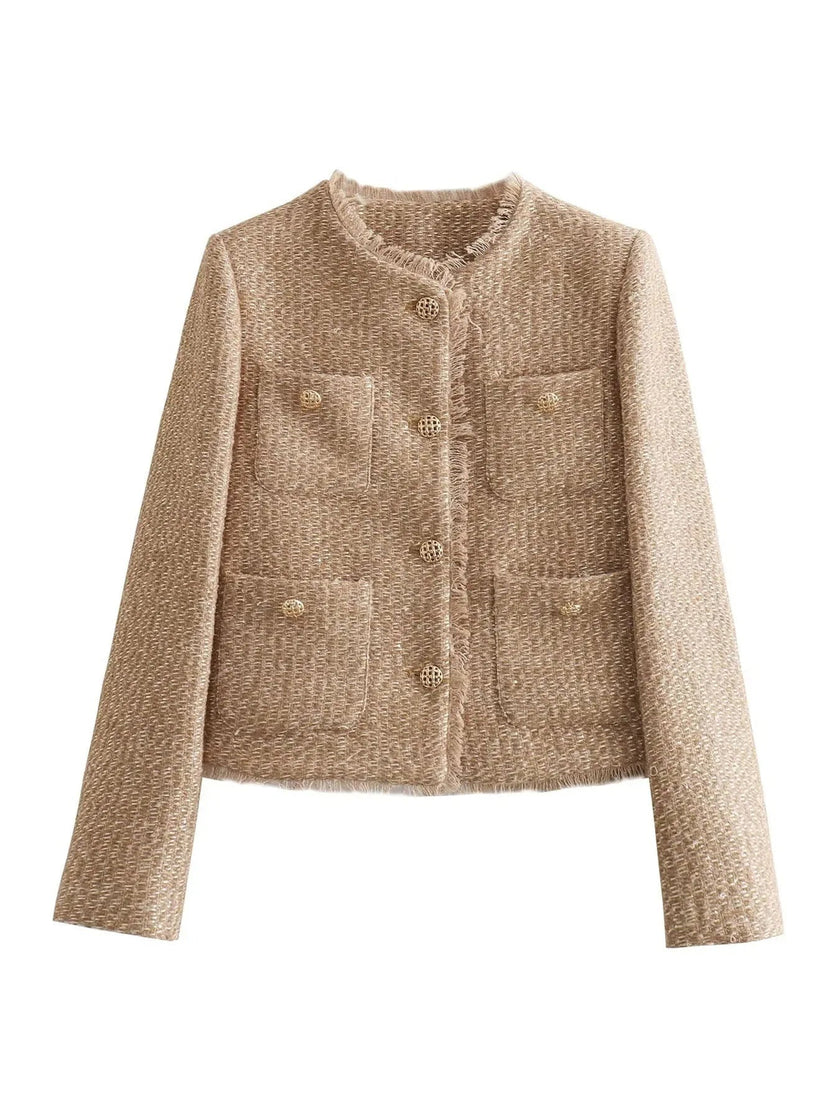 Cropped Knit Cardigan Women Gold Button Front Pockets