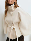 Cape Coat Women High Collar Belted Button Front