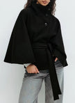 Cape Coat Women High Collar Belted Button Front