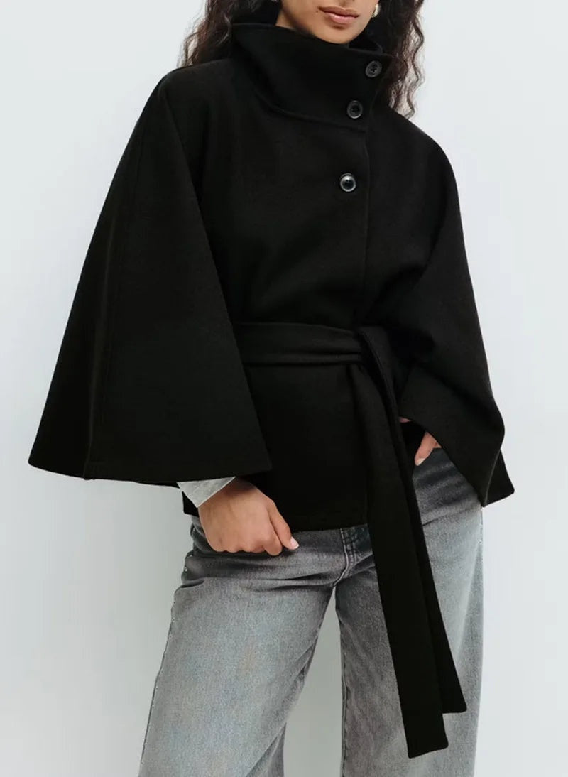 Cape Coat Women High Collar Belted Button Front