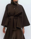 Cape Coat Women High Collar Belted Button Front