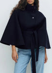 Cape Coat Women High Collar Belted Button Front