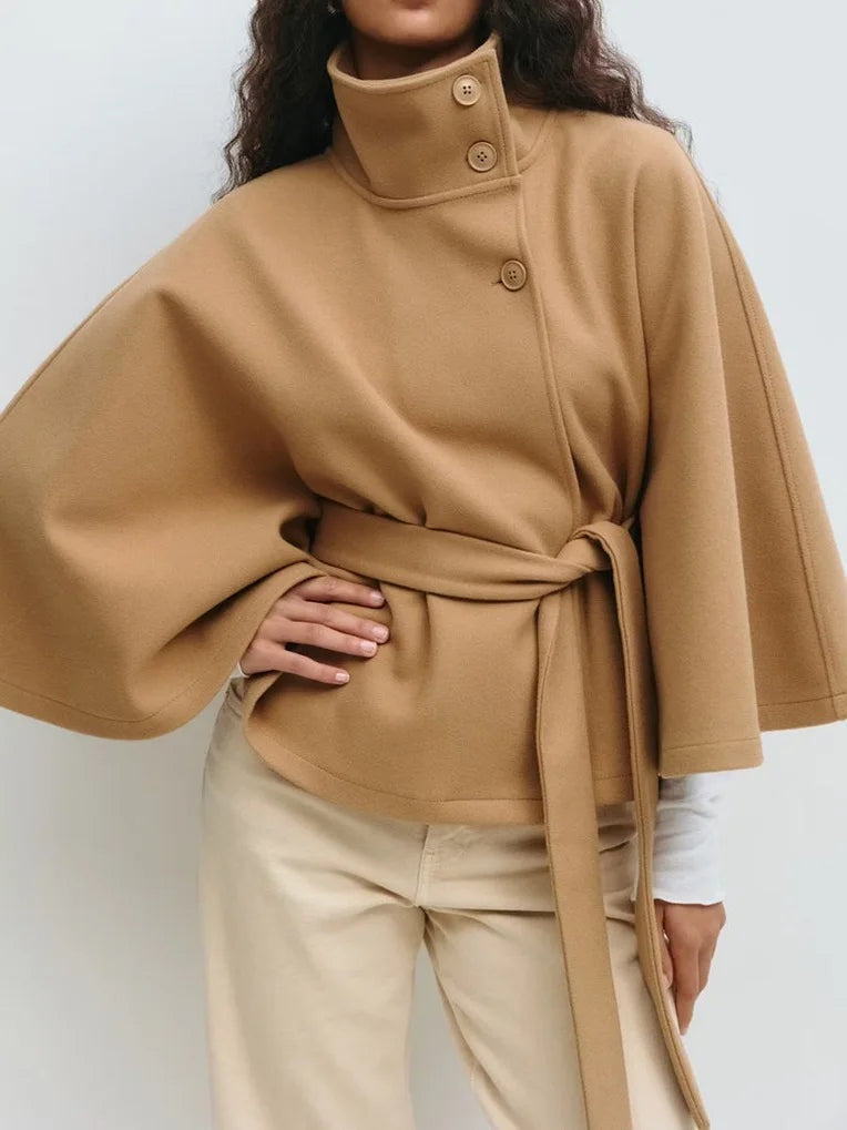 Cape Coat Women High Collar Belted Button Front