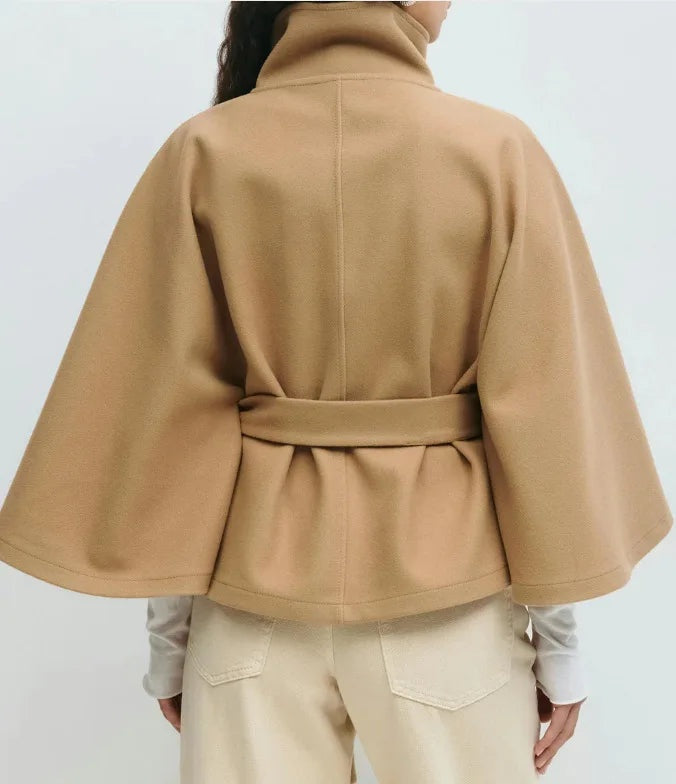 Cape Coat Women High Collar Belted Button Front