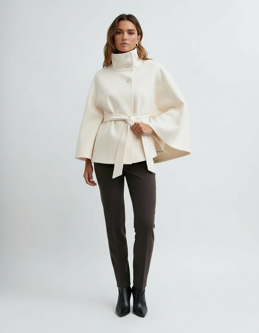 Cape Coat Women High Collar Belted Button Front