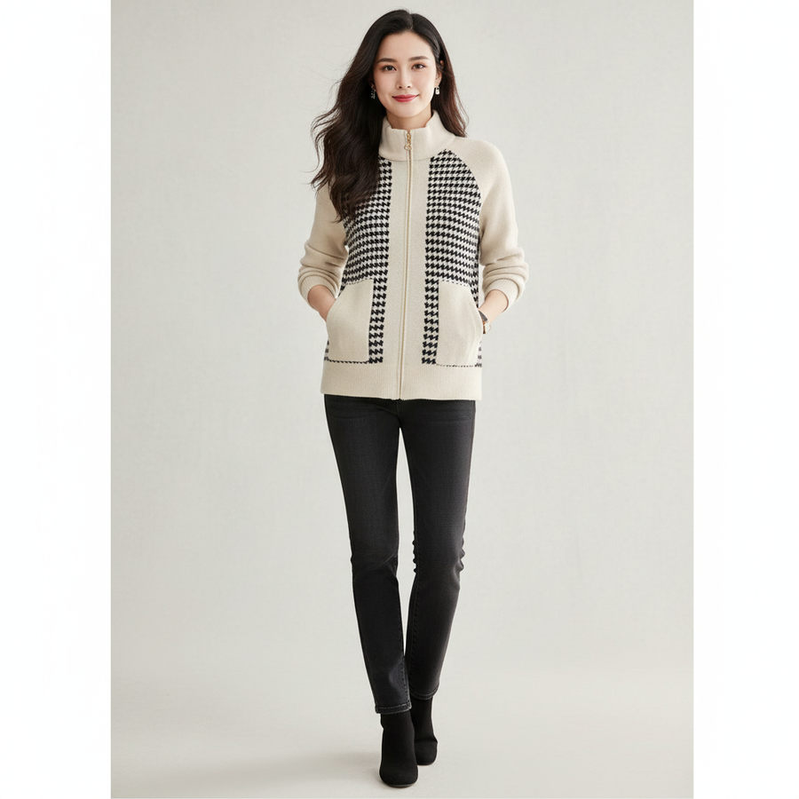 Houndstooth Knit Jacket Stand Collar Zip-Up Lightweight Winter Jacket for Women | Audrey