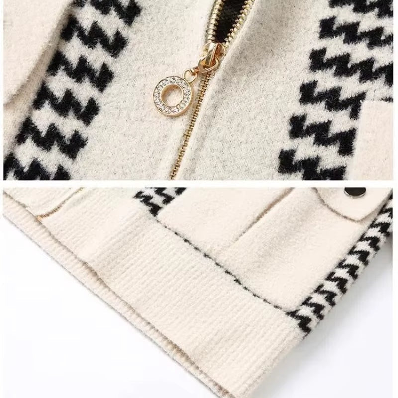 Knit Jacket Women Contrast Pattern Stand Collar Zip Front