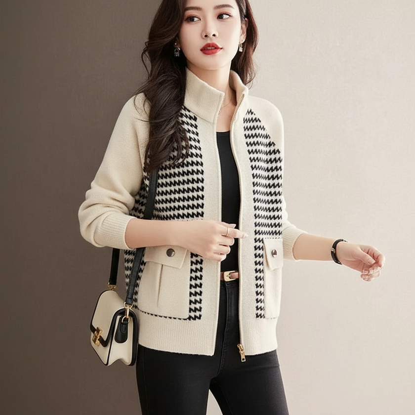 Knit Jacket Women Contrast Pattern Stand Collar Zip Front
