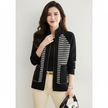 Knit Jacket Women Contrast Pattern Stand Collar Zip Front