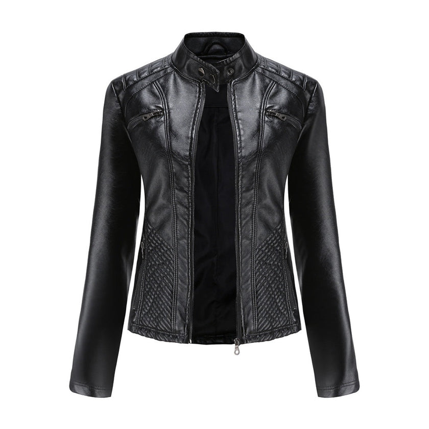 Leather Biker Jacket Women, Fitted with Zip & Quilted Details