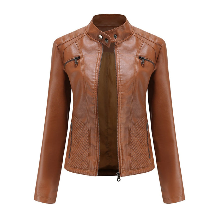 Leather Biker Jacket Women, Fitted with Zip & Quilted Details