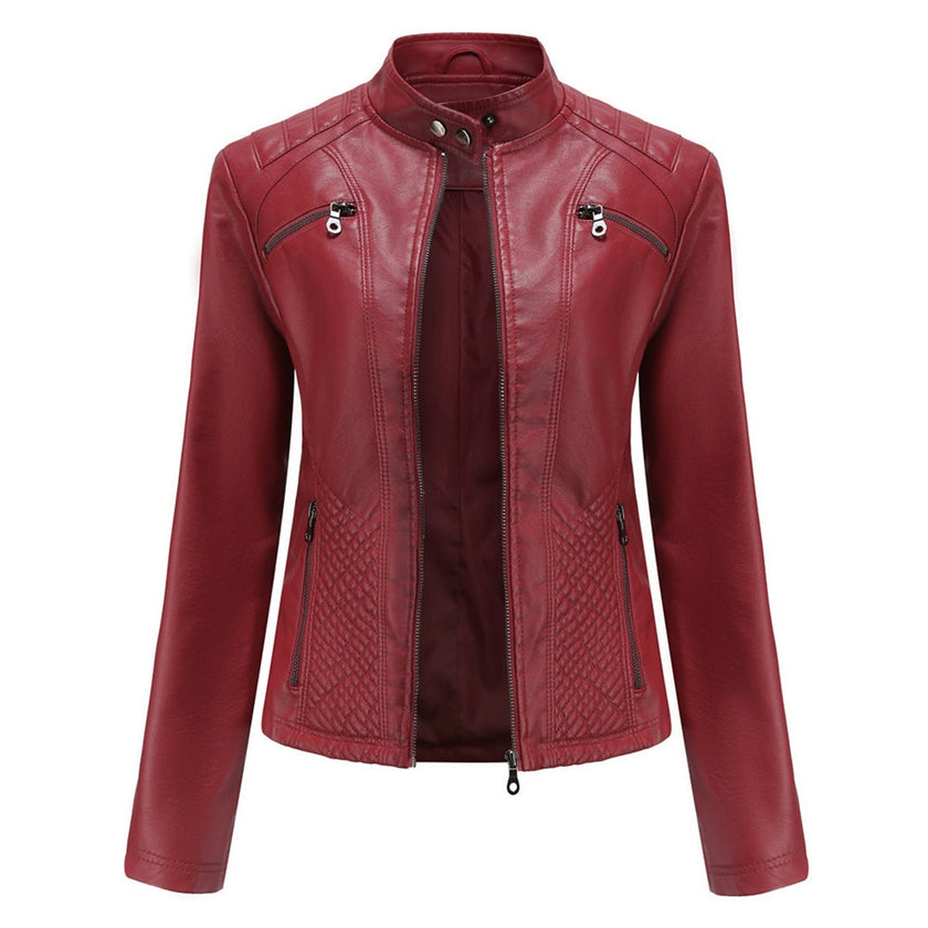 Leather Biker Jacket Women, Fitted with Zip & Quilted Details