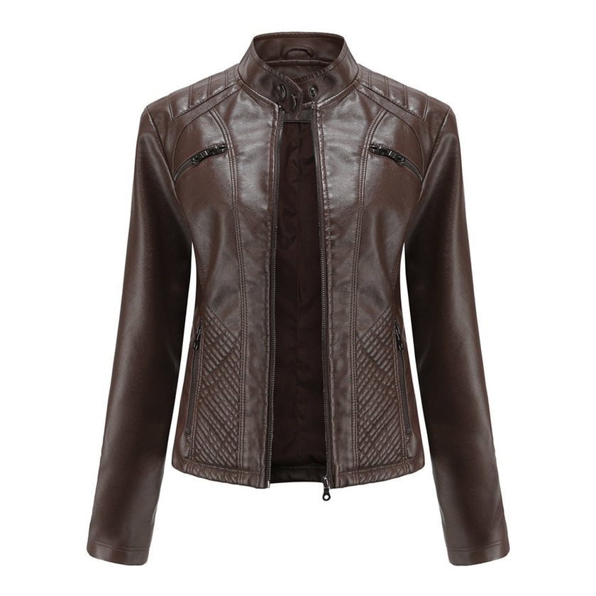 Leather Biker Jacket Women, Fitted with Zip & Quilted Details