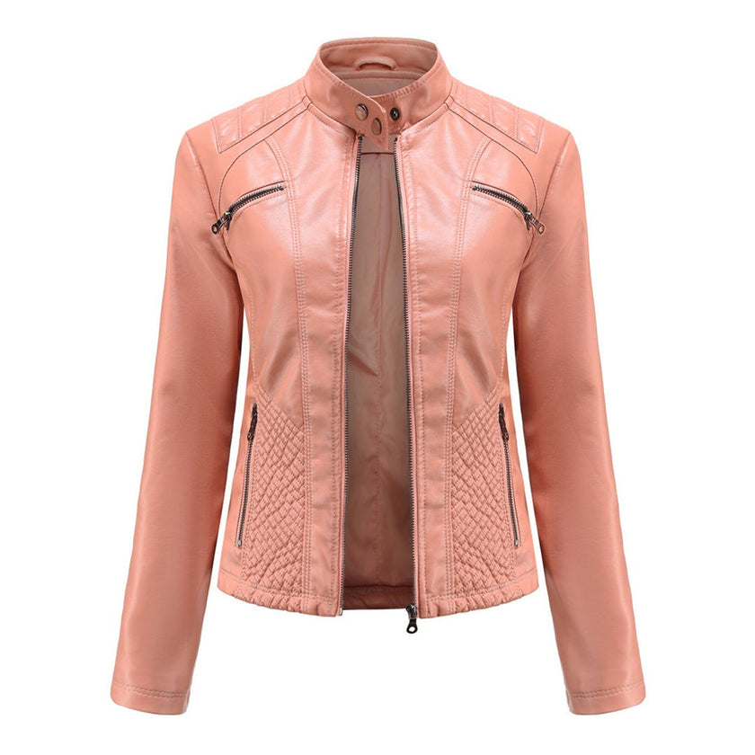 Leather Biker Jacket Women, Fitted with Zip & Quilted Details