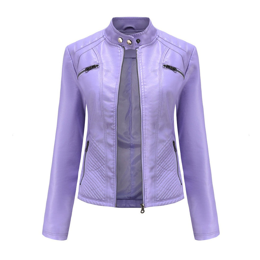 Leather Biker Jacket Women, Fitted with Zip & Quilted Details
