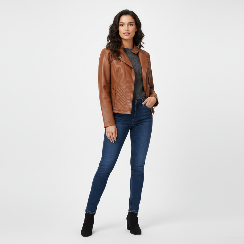 Leather Biker Jacket Women, Fitted with Zip & Quilted Details