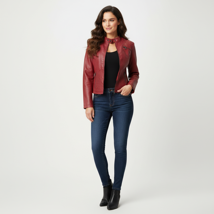 Leather Biker Jacket Women, Fitted with Zip & Quilted Details