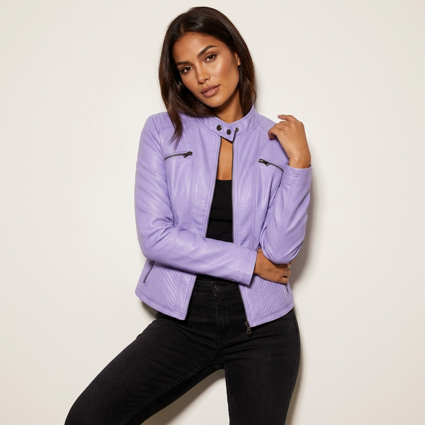 Leather Biker Jacket Women, Fitted with Zip & Quilted Details