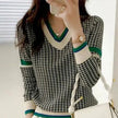 Knit Sweater Women Houndstooth V-Neck Contrast Trim Elegant