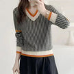 Knit Sweater Women Houndstooth V-Neck Contrast Trim Elegant