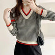 Knit Sweater Women Houndstooth V-Neck Contrast Trim Elegant