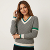 Knit Sweater Women Houndstooth V-Neck Contrast Trim Elegant