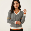 Knit Sweater Women Houndstooth V-Neck Contrast Trim Elegant