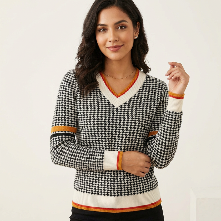 Knit Sweater Women Houndstooth V-Neck Contrast Trim Elegant