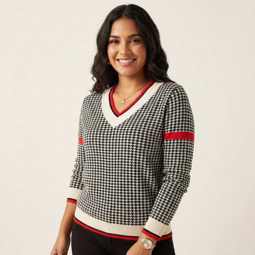 Knit Sweater Women Houndstooth V-Neck Contrast Trim Elegant