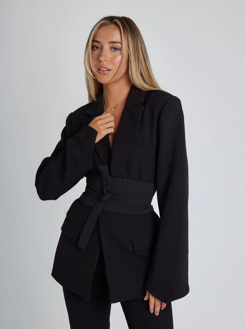 Blazer Women Tailored Belted Deep V-Neck Long Sleeve Formal