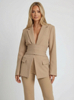 Blazer Women Tailored Belted Deep V-Neck Long Sleeve Formal
