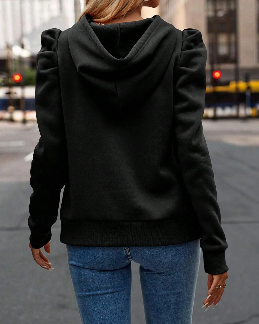 Hoodie Women Puff Shoulder Soft Knit Drawstring Hood