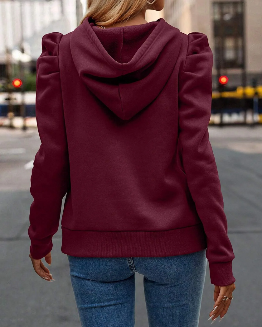 Hoodie Women Puff Shoulder Soft Knit Drawstring Hood