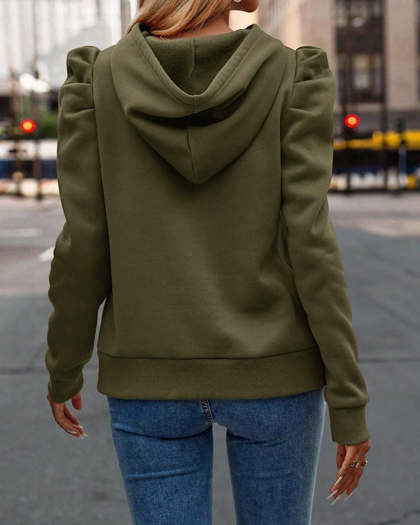 Hoodie Women Puff Shoulder Soft Knit Drawstring Hood