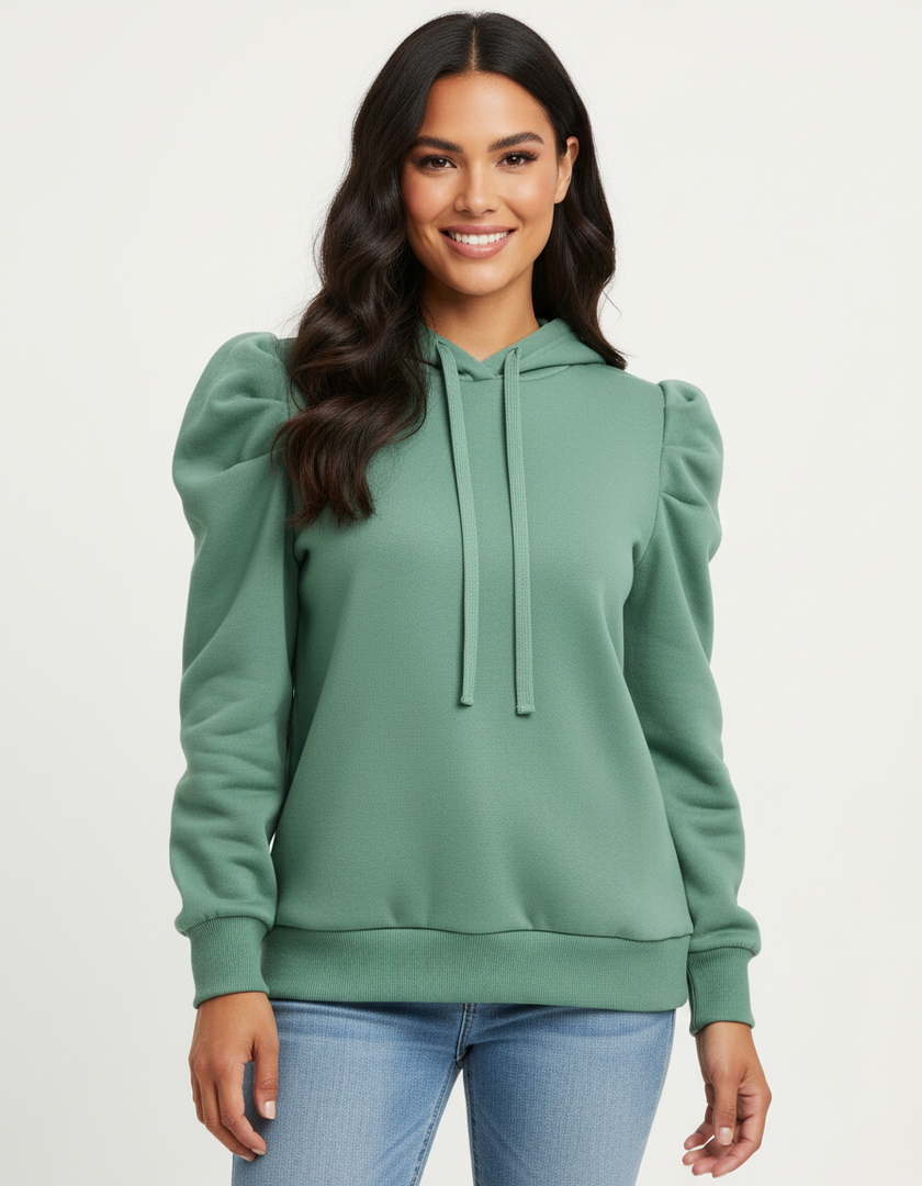 Hoodie Women Puff Shoulder Soft Knit Drawstring Hood