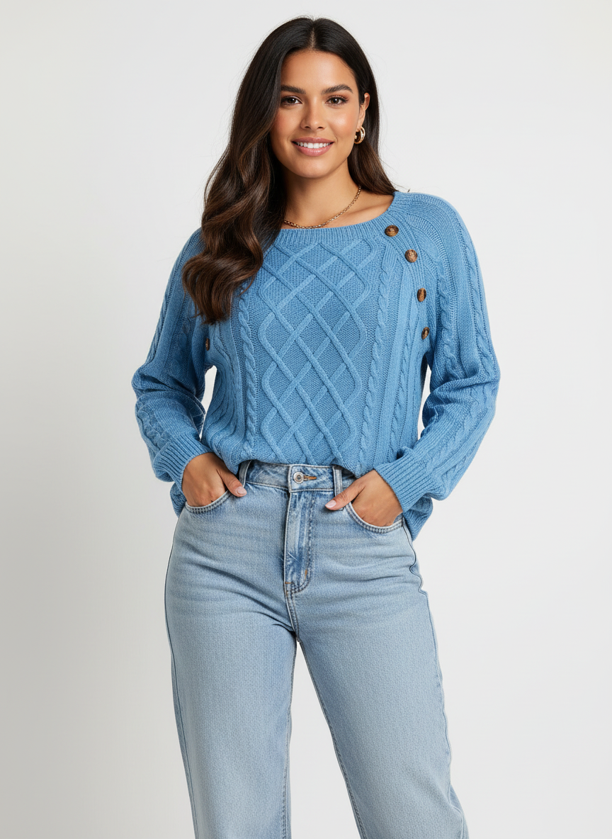 Cable Knit Sweater Boat Neck Diamond Pattern Shoulder Button Pullover Jumper for Women | Gianna