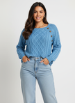 Cable Knit Sweater Women Boat Neck Shoulder Button Detail