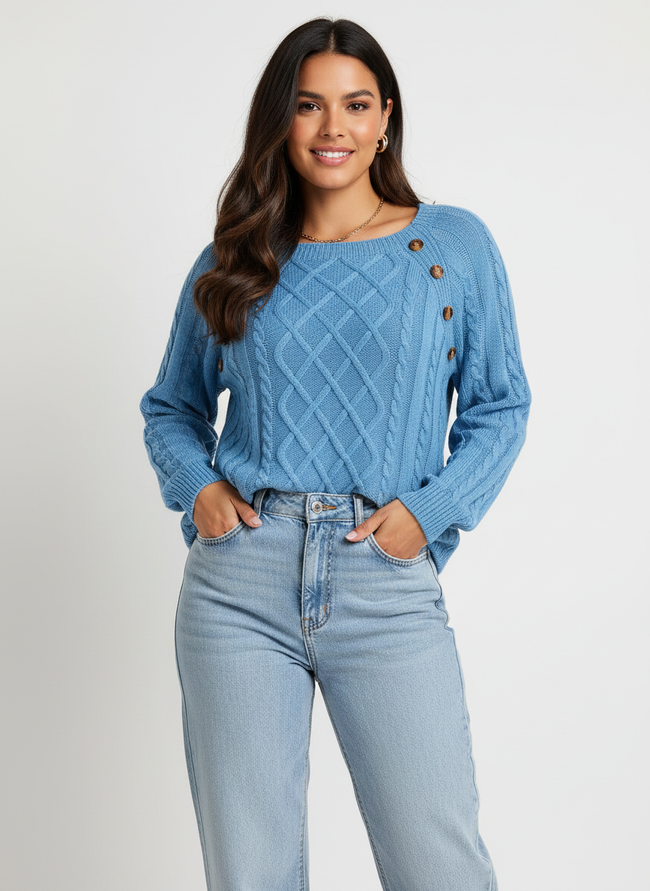 Cable Knit Sweater Women Boat Neck Shoulder Button Detail