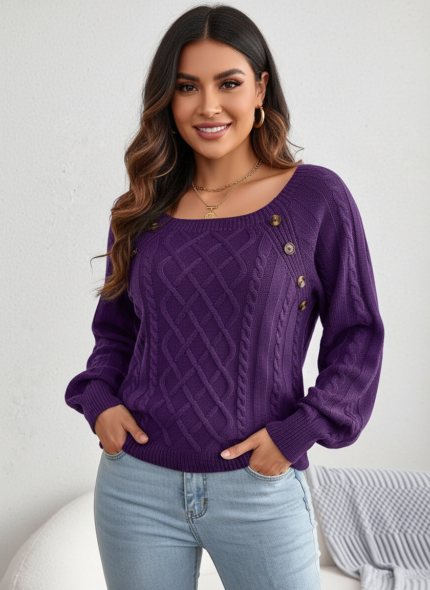 Cable Knit Sweater Women Boat Neck Shoulder Button Detail